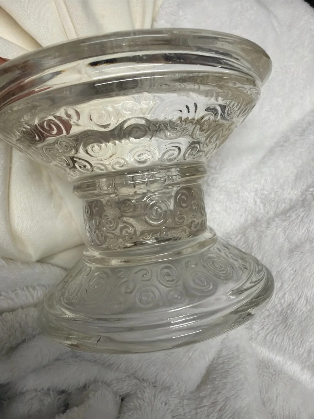 Clear Glass Pillar Candle Holder with White Taper Candle Vtg swirl